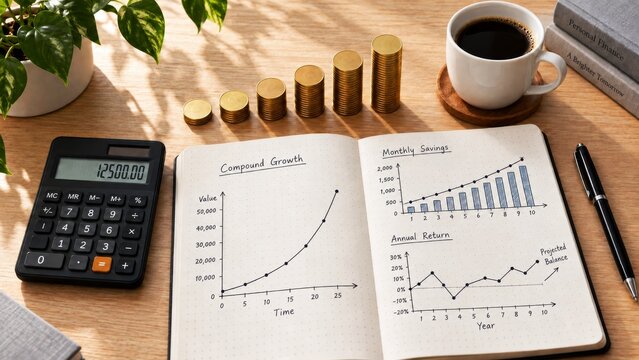 Compound growth notebook with monthly savings charts, calculator and increasing coin stacks