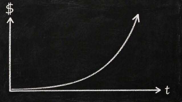 Chalkboard graph shows exponential money growth over time with dollar and time axes