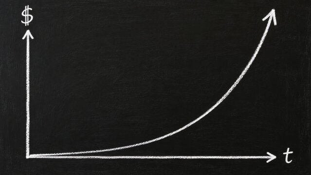 Dollar-versus-time chalkboard curve illustrates exponential financial growth