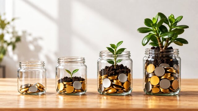 Growing plants in progressively fuller coin jars represent accumulated savings and investment growth