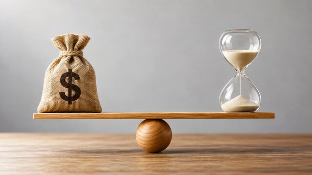 Money bag and hourglass balance on a wooden scale in a time value of money concept