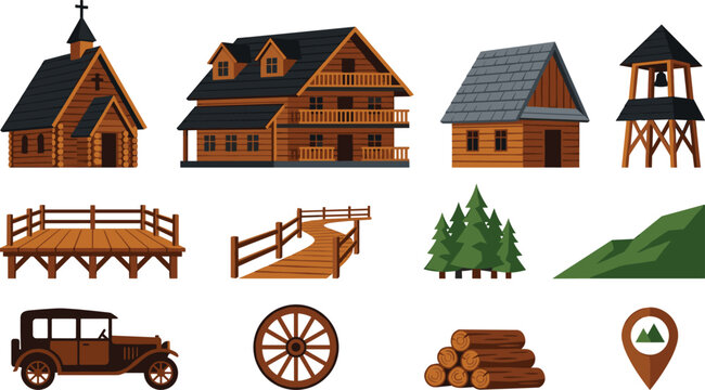 Medieval wooden buildings set with house chapel watchtower wooden bridge vintage car wheel and logs vector isolated