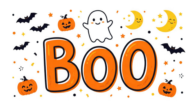 Cute halloween boo lettering with ghost, pumpkins, bats and moons isolated on transparent background