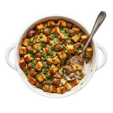 Top view of a savory sausage and herb bread stuffing in a white ceramic baking dish isolated on transparent background