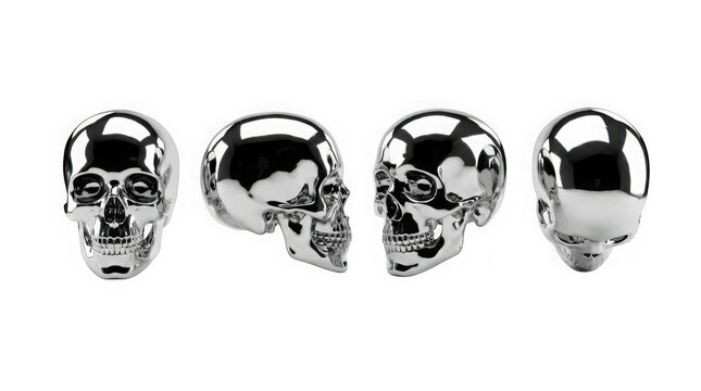 Set of four chrome skulls isolated on transparent background