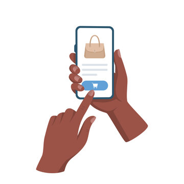 Mobile Shopping App, Vector Illustration. Hand Using Smartphone to Buy Handbag Online. Ecommerce Store Interface. Tap to Purchase. Online Shopping, Mobile Payment, Shop App, Digital Commerce Concept