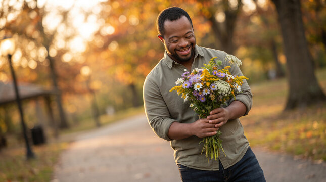 Happy young man with Down syndrome holding a beautiful bouquet of wildflowers in an autumn park.
