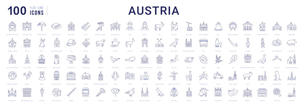 Vector line icon set for Austria, Vienna and Austrian culture for mobile apps and web interfaces. Editable strokes.