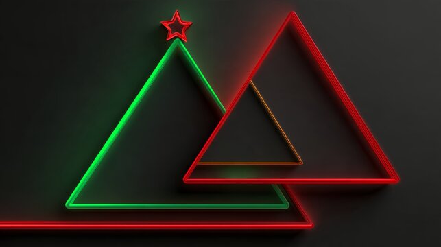 Minimalist glowing green and red intersecting geometric triangle Christmas trees with star topper dark background overlay design