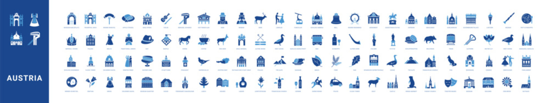 Colored filled vector icon set for Austria, Vienna and Austrian culture for mobile apps and web interfaces.