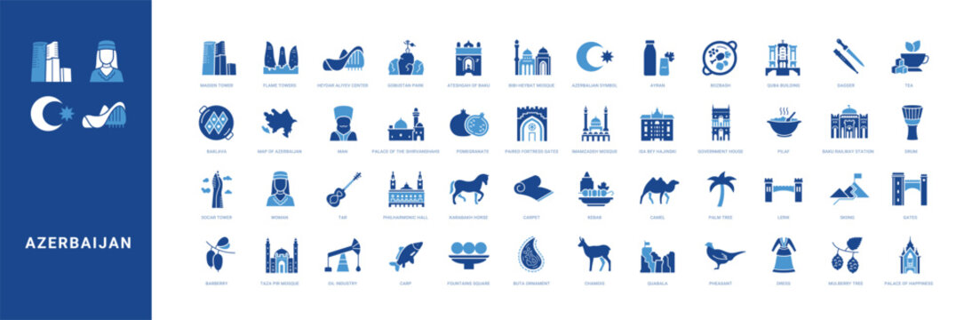 Colored filled vector icon set for azerbaijan, baku and azerbaijani culture for mobile apps and web interfaces.