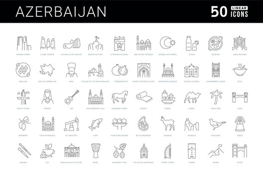 Vector line icon set for Azerbaijan, Baku and Azerbaijani culture for mobile apps and web interfaces. Editable strokes.