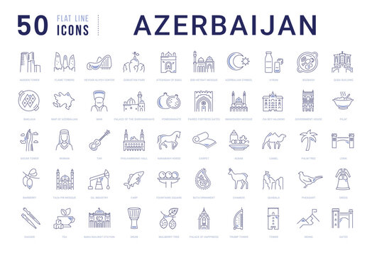 Flat line vector icon set for Azerbaijan, Baku and Azerbaijani culture with color accents for mobile apps and web interfaces. Editable strokes.