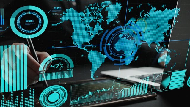 Explore a dynamic data visualization scene featuring a world map and various graphs, showcasing modern analytics for effective business insights and strategies. Cipher