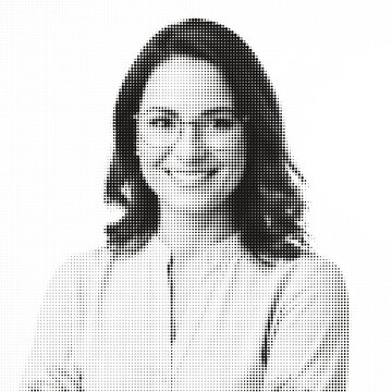 Black and white dot matrix halftone portrait of a woman with long hair isolated on transparent background, illustration