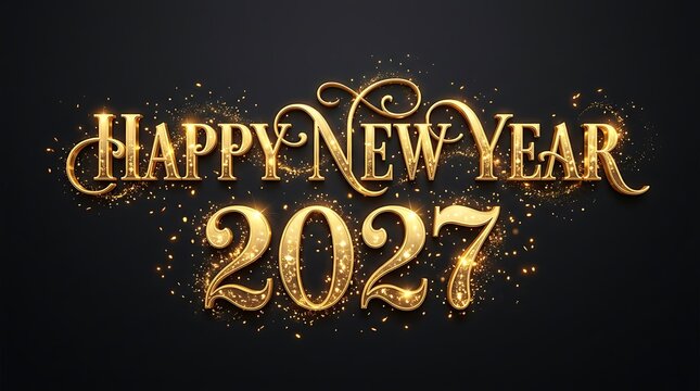 Elegant golden happy new year 2027 typography design with glowing sparkles and decorative flourishes isolated on a dark black background for celebration