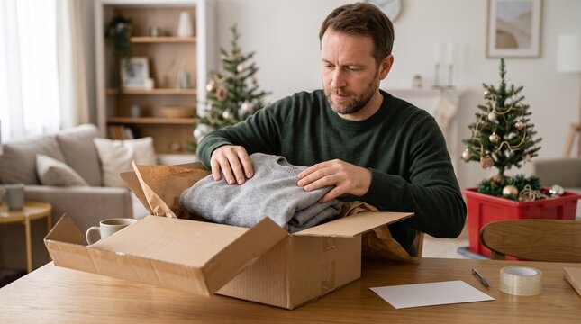 Man unpacking a gray sweater from a cardboard box in a decorated living room with Christmas trees
