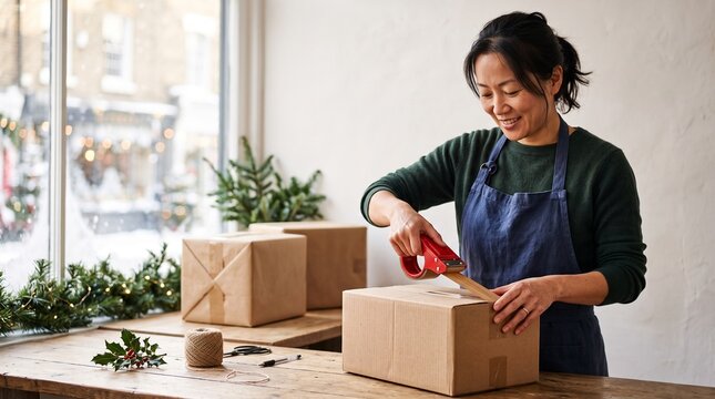 Woman packing Christmas gifts in a shop with snowy street view outside