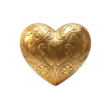 Ornate golden heart with intricate baroque filigree patterns isolated on transparent background