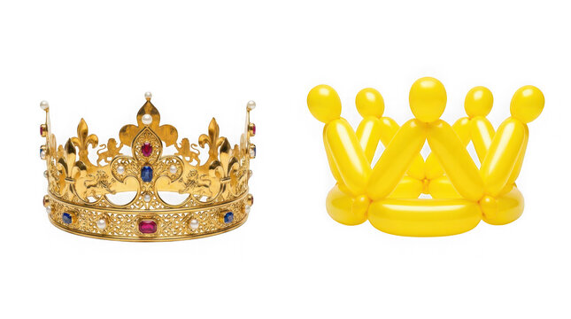 Comparison of a traditional golden royal crown and a yellow balloon crown isolated on transparent background