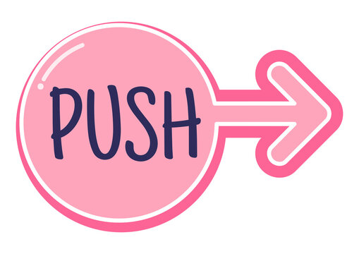 Push Button Sign with Right Direction Arrow Symbol Cute Pink Circle Sticker Isolated on Transparent Background