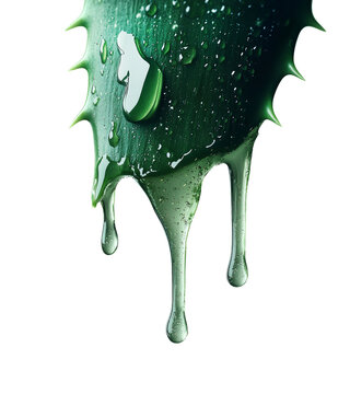 Close-up of a fresh aloe vera leaf with dew drops and dripping gel, PNG