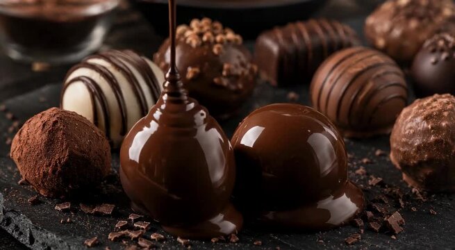 Assorted gourmet chocolate truffles with glossy chocolate being poured over one, arranged on a dark surface with cocoa dust and shavings