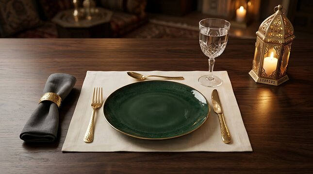 Elegant dinner table setting with gold lantern
