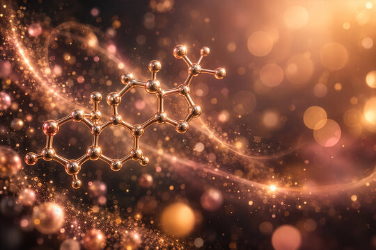 Hormone Molecular Structure with Metallic Flow in Golden Soft Focus and Bokeh Effect.