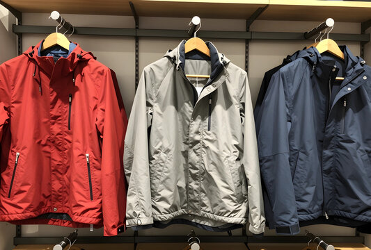 Retail fashion and outdoor apparel, colorful windbreaker jackets hanging on display racks in a clothing store for seasonal shopping and consumerism