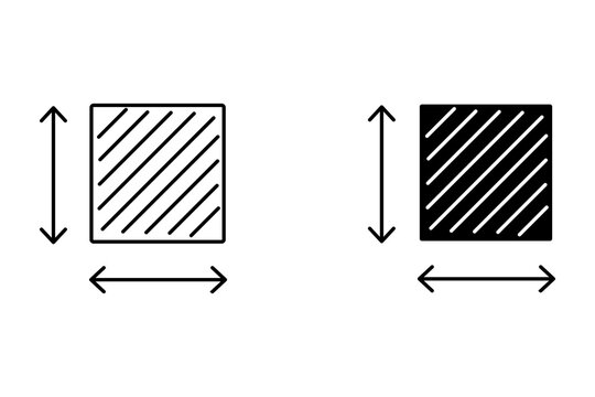 Square shape icon with height and width measurement arrows for sizing and dimension guide