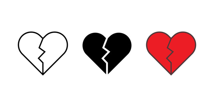 Set of three broken heart icons in outline black and red flat design styles