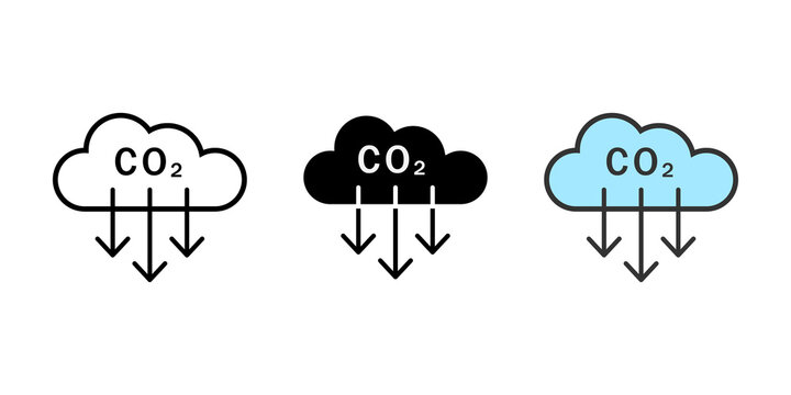 Set of co2 carbon emission cloud icons with downward arrows representing pollution and gas reduction