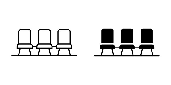 Row of three chairs icon set in line and solid style for waiting room or office seating concept