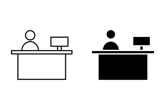 Person sitting at office desk with computer screen icon set in line and solid styles