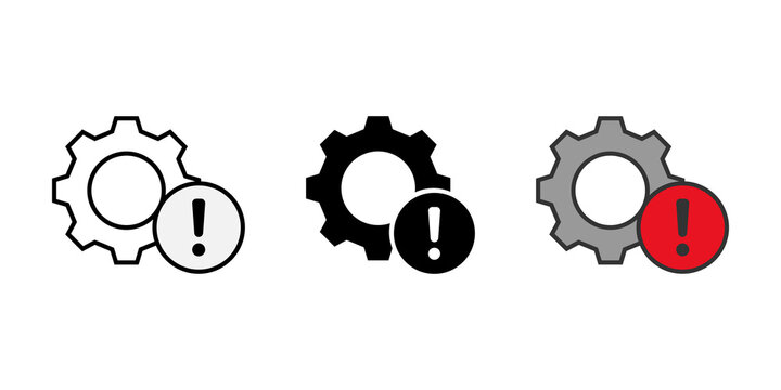 Three gear icons with warning exclamation mark symbols for technical error and system failure