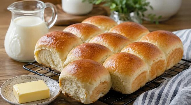 Golden soft dinner rolls arranged in a 3x3 grid on a cooling rack with butter and milk for a cozy breakfast or brunch scene