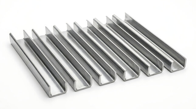 Steel u channels are arranged diagonally on a white surface displaying metallic construction materials aluminum angles architectural building durable engineering extruded framework