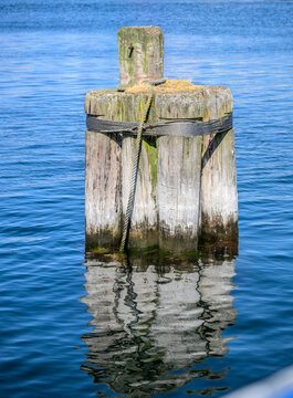 Weathered wooden harbor dolphin reflected in calm blue water.