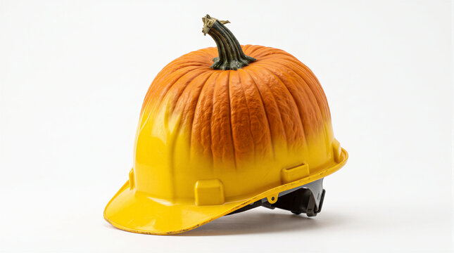Safety helmet fused with a pumpkin top and stem. Creative visual metaphor for workplace safety during Halloween, autumn construction protection, and seasonal occupational health.