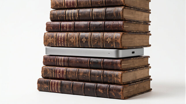 Conceptual 3D illustration of a modern smartphone placed within a stack of vintage leather books. Visual metaphor for digital education, mobile learning, e-books, and modern access to culture