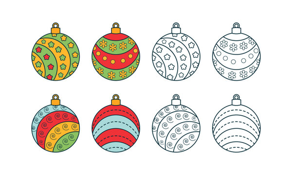 christmas ornament drawing set with black line art and color icons