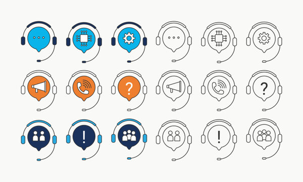 Call center headset contact icons for telemarketing client support