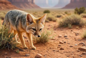 Fototapeta premium Desert wildlife and biodiversity, kit fox hunting in arid landscape with red rocks and dry vegetation for environmental conservation and nature study
