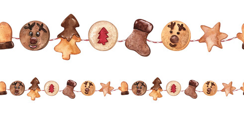 Seamless Christmas garland of homemade cookies painted in watercolors isolated on transparent background © FlowersForBear