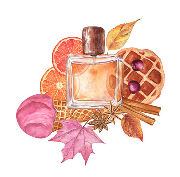 Watercolor illustration of an autumn perfume bottle with a waffle, orange slices, cinnamon leaves, star anise, cherries, and an ice cream cone