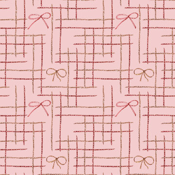 Hand drawn vintage grid and bows seamless pattern on pink background