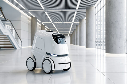 Autonomous white delivery robot vehicle moving through a spacious modern office building corridor, concept of innovative future technology and automated smart service.