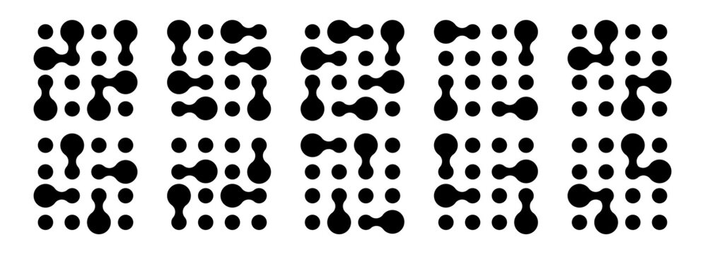 Metaball shapes dot set with connect logo pattern. Abstract circle liquid fluid blobs icon with organic concept form for network background. Design vector element of metaball 