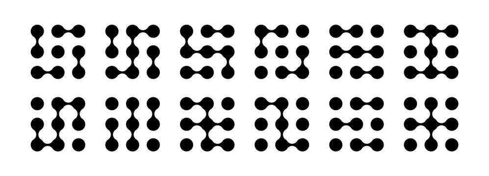 Metaball shapes dot set with connect logo pattern. Abstract circle liquid fluid blobs icon with organic concept form for network background. 